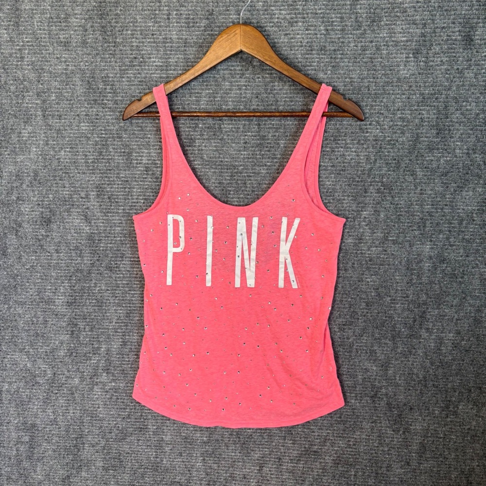 Victoria's Secret PINK Rhinestone Logo Tank Top Neon Coral Low Back XS